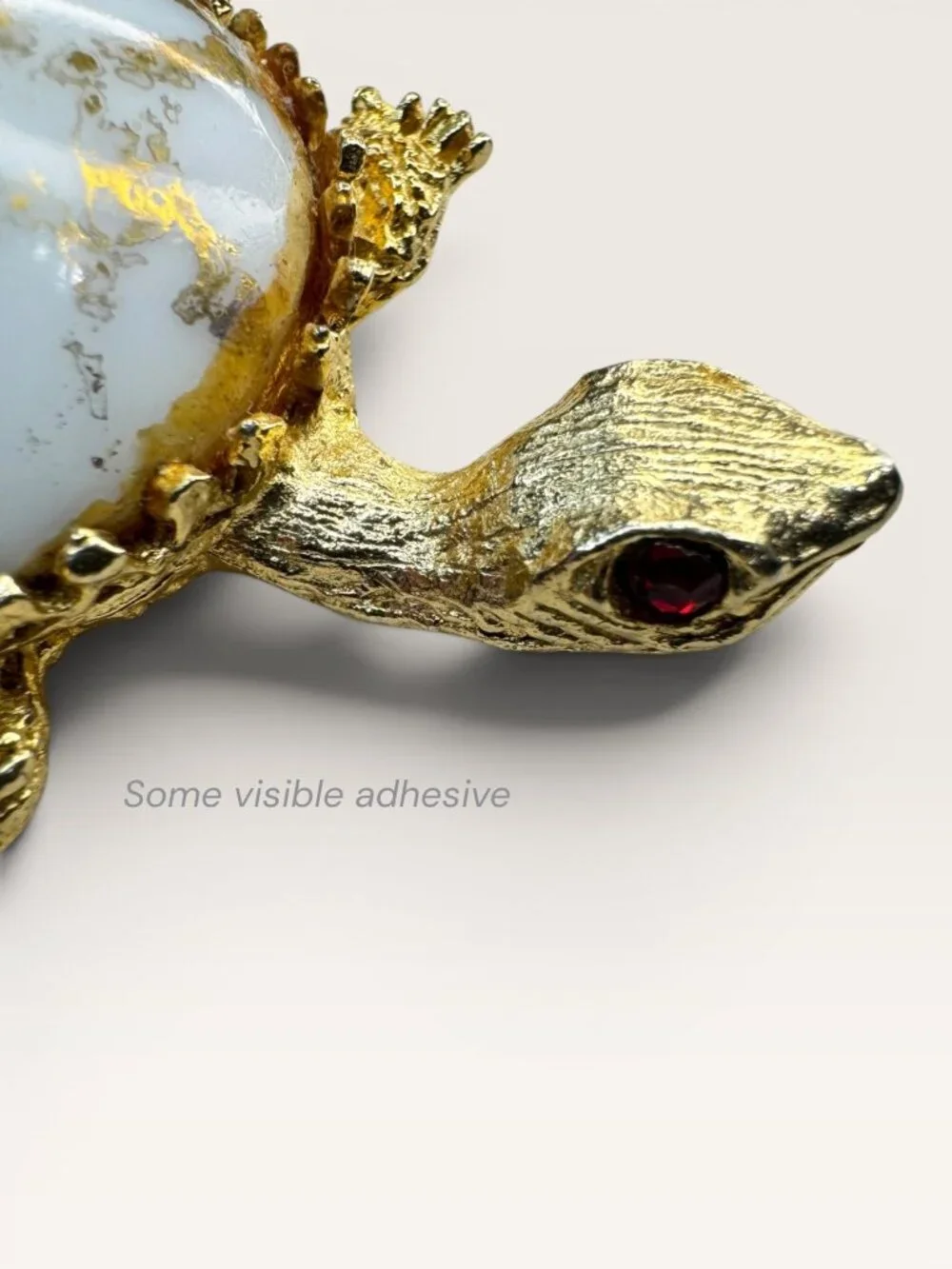 1960s White Glass Gold Leaf Turtle Brooch Gold Tone Figural Animal Vintage
